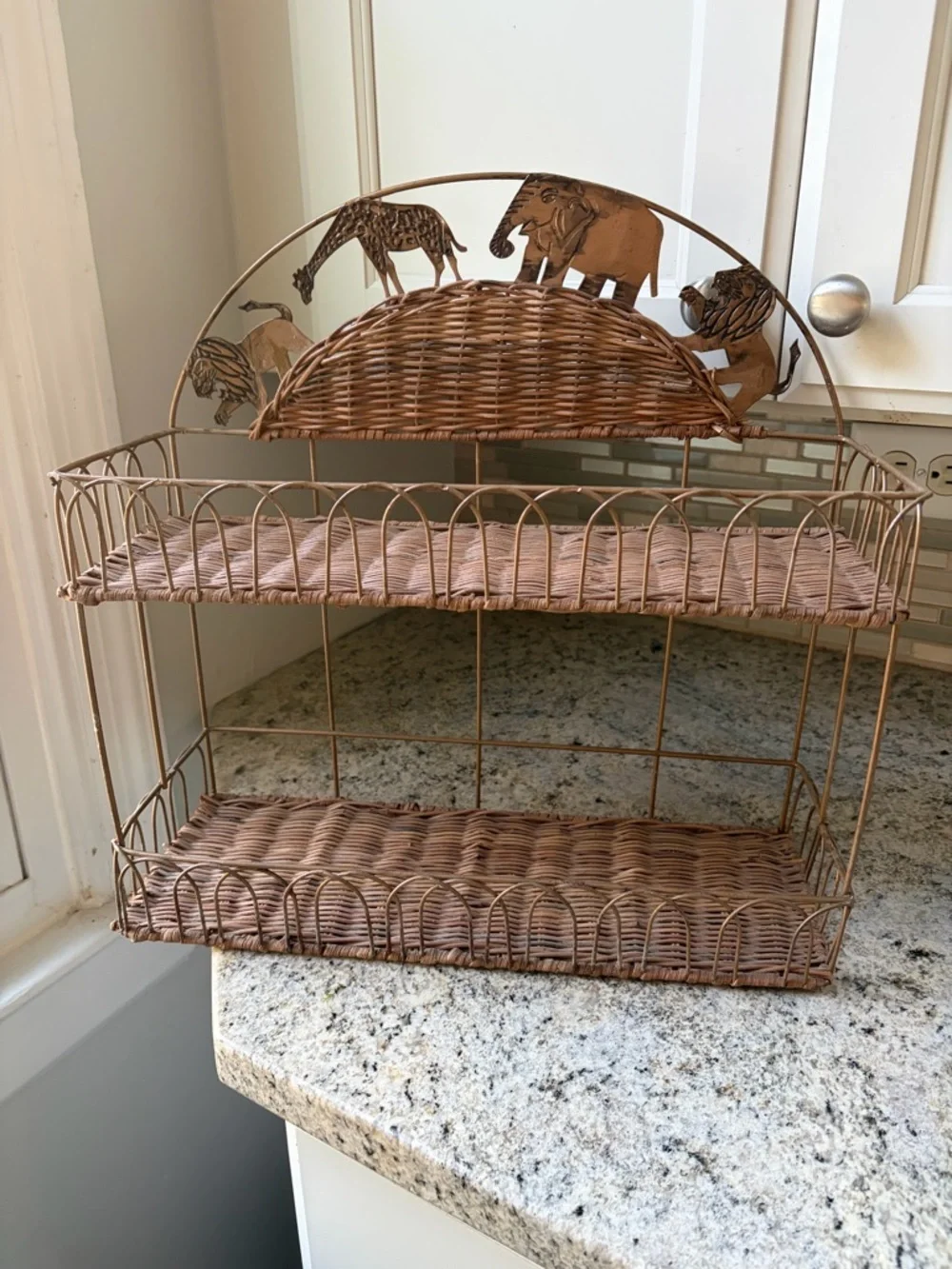Vintage 2 tier Wicker Rattan and Metal Shelf Safari animal theme